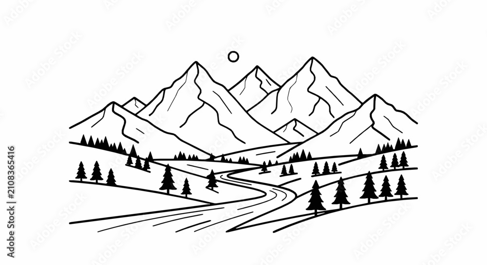 Fototapeta premium Minimalist black and white line drawing of majestic mountains with winding river with vector illustration mountain