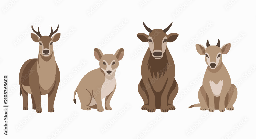 Naklejka premium Set of four stylized brown forest animals including deer and cattle vector illustration collection with plain white background