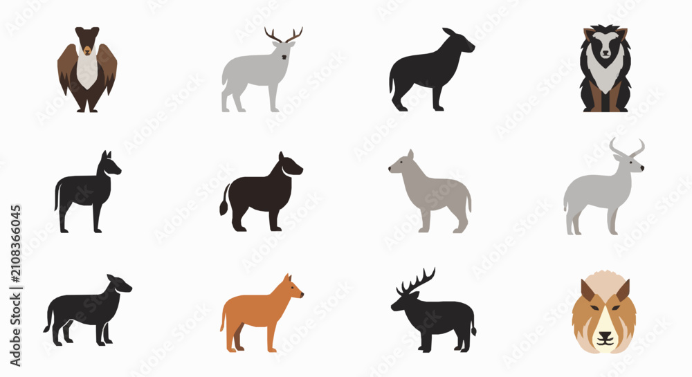 Obraz premium Minimalist vector collection featuring diverse wild animal silhouettes and stylized portraits isolated on white background