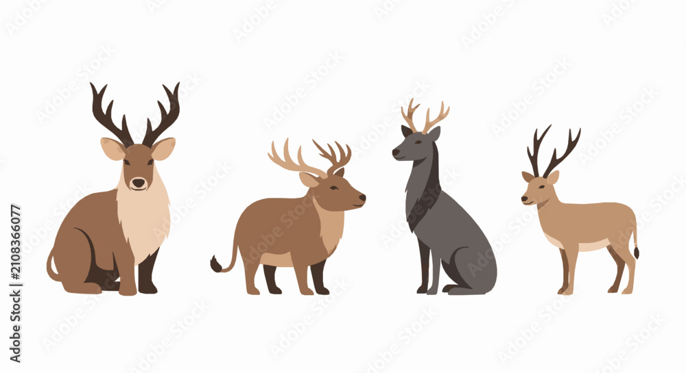 Naklejka premium Set of four stylized deer characters in flat vector graphic design style isolated illustration