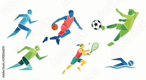 Geometric vector collection illustrating various athletic disciplines featuring diverse dynamic human figures in motion activities