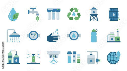 Water icons display environmental conservation and fluid utility systems for sustainable resource management projects.