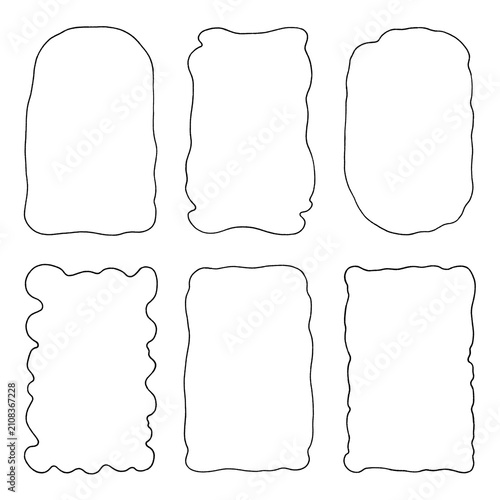 Hand-drawn black line art on white background. Minimalist icons borders with wavy edges. Vintage frame illustration. Sketch, chalk doodle elements for web design, online store and branding.