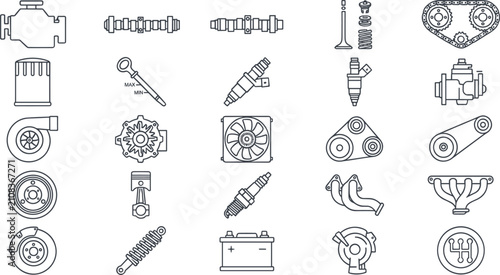 Bild auf Leinwand Automotive Engine Parts and Vehicle Components Line Icon Set Featuring Timing Sy