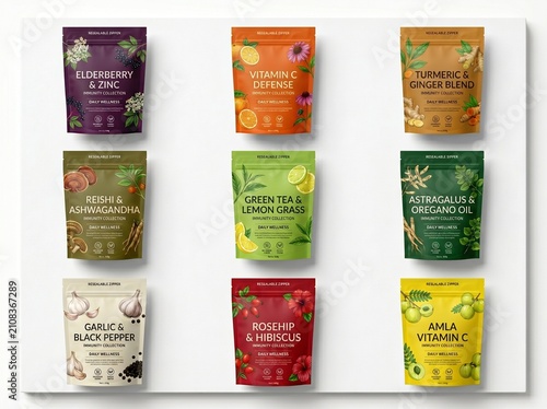 A grid display of nine colorful pouches containing various herbal blends and dietary supplements like elderberry, turmeric, green tea, and vitamin C.