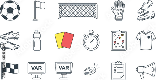 Schilderij op canvas Soccer and Football Match Line Icon Set Featuring Referee Equipment, Game Strate