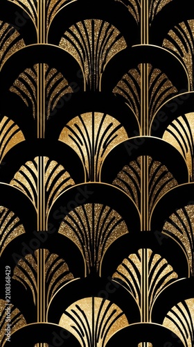 Luxurious art deco pattern featuring golden glittery texture spreading across dark background, evoking vintage glamorous aesthetic