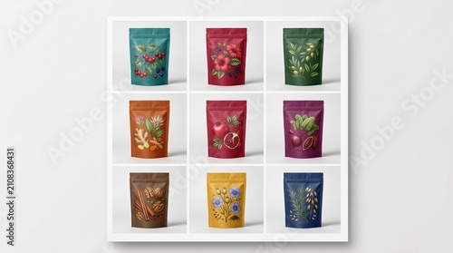 A grid display of nine colorful stand-up pouches, each featuring unique botanical and fruit illustrations, showcasing various product packaging designs.