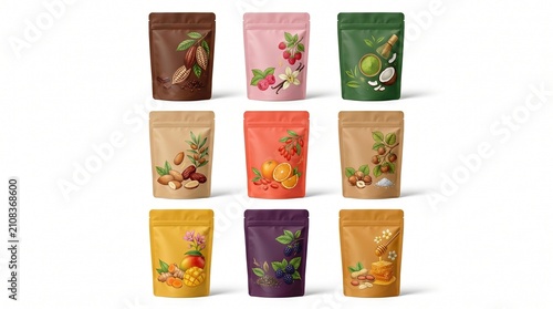 A grid of nine colorful stand-up pouches featuring various natural food ingredients like nuts, fruits, and cacao, showcasing diverse product packaging designs.