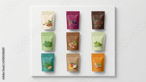Nine colorful stand-up pouches with various food illustrations, arranged in a grid on a white display against a clean white background, showcasing diverse snack or ingredient packaging designs.