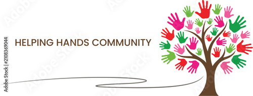 Helping Hands Community logo with colorful handprint tree, charity and diversity concept vector, social support and volunteer organization banner