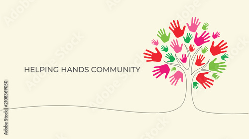 Helping hands community tree vector, colorful handprint tree for charity and volunteer work, diversity and inclusion concept illustration