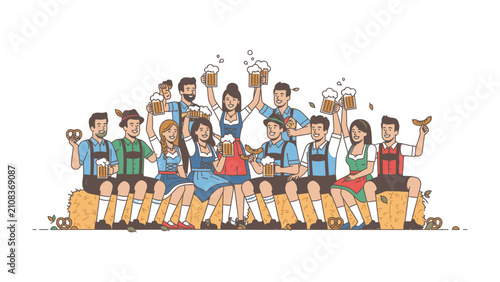 Bild auf Leinwand Oktoberfest Celebration: A joyful group of people in traditional Bavarian attire raise their beer steins in a festive toast, surrounded by pretzels and sausages