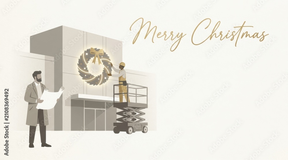 Obraz premium Commercial building decorated with a festive Christmas wreath and holiday greeting