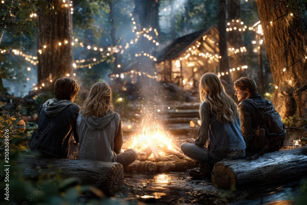 Fototapeta premium Campfire gathering creates a warm evening atmosphere in a forest setting with friends
