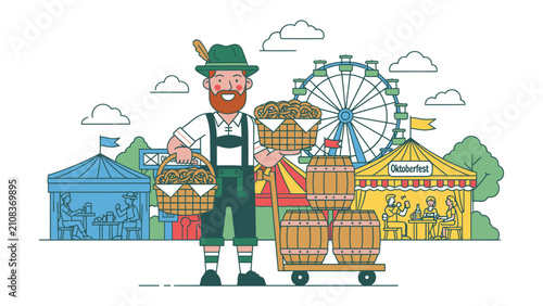 Oktoberfest Celebration: A man in traditional Bavarian attire, sporting a feathered hat and lederhosen, proudly displays baskets of pretzels and barrels at a vibrant Oktoberfest festival.