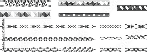Collection of decorative seamless borders, Greek key patterns, Celtic knot designs, and elegant line art text dividers vector illustration