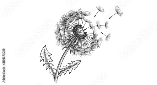 Dandelion seed head with blowing seeds against white background