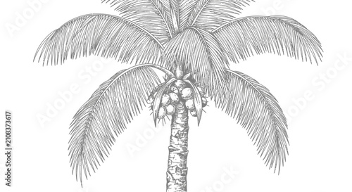 Detailed palm tree sketch with fruit isolated on white background