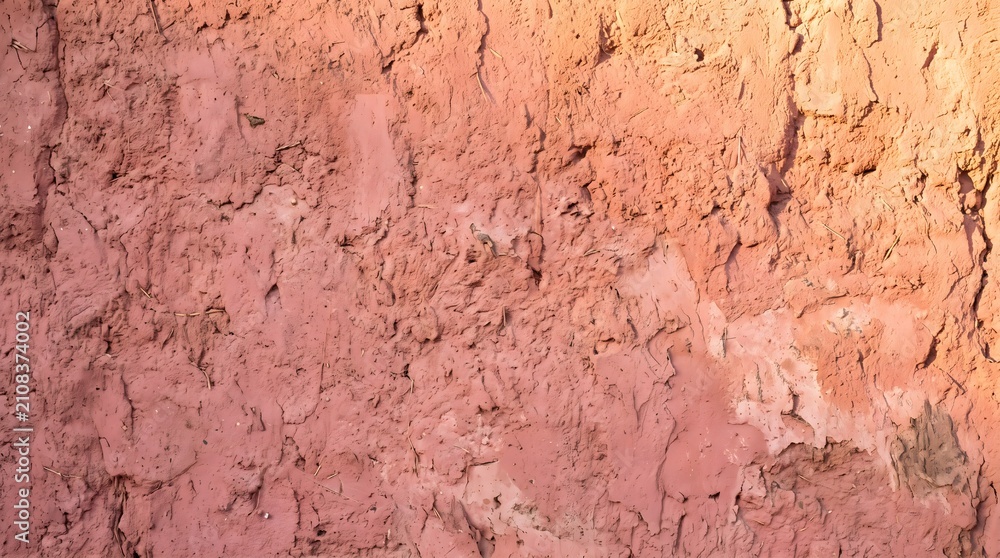 Fototapeta premium Rustic pink adobe clay wall background under warm direct sunlight
