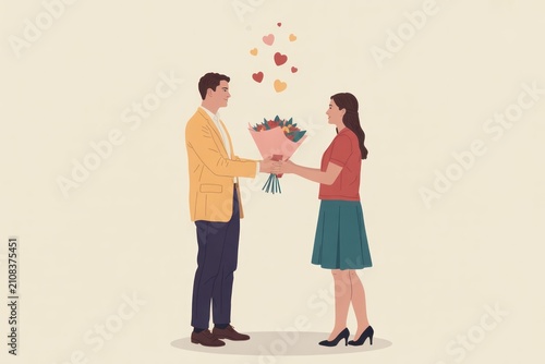 Couple exchanging bouquet of flowers in a romantic setting, showcasing love and affection with hearts floating in the air, perfect for Valentine's Day or special occasions