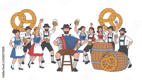 Oktoberfest Celebration Illustration: A lively Bavarian folk music band with an accordion player in the center entertains a jubilant crowd, complete with beer steins, pretzels, and wooden barrels.