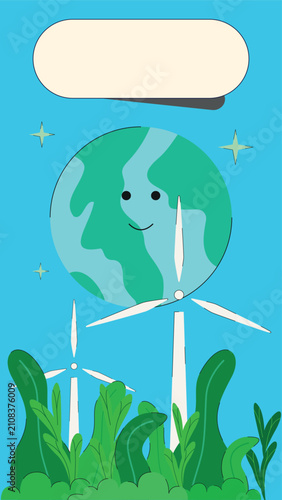 Cute Earth with Wind Turbines Promoting Clean Renewable Energy Vector Illustration.