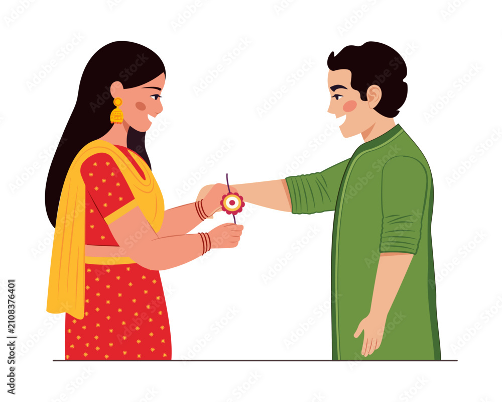 Fototapeta premium Raksha Bandhan, Sister is tying Rakhi on her brother's wrist, Rakhi celebration in india vector illustration