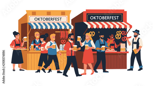 Oktoberfest Celebration: Lively stalls with 'Oktoberfest' banners display traditional Bavarian treats and drinks, while a diverse crowd mingles and enjoys the festive atmosphere, raising mugs of beer.