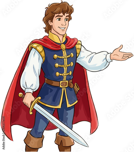 Bild auf Leinwand Handsome cartoon prince in royal blue tunic and red cape holding sharp silver sword for fairytale fantasy story vector illustration