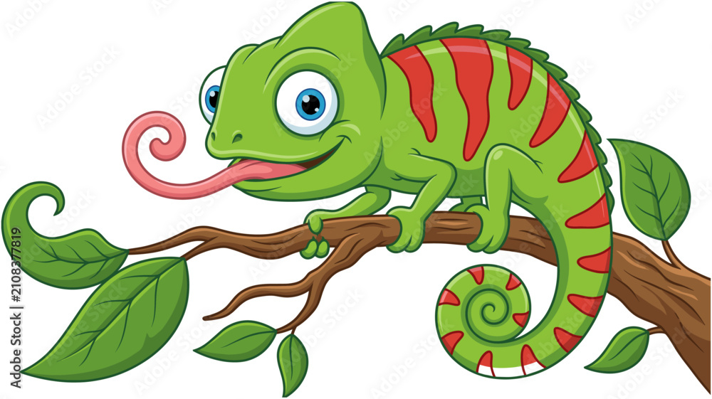 Obraz premium Cute green cartoon chameleon with red stripes sitting on tree branch sticking out long curly tongue, wildlife reptile vector illustration. 