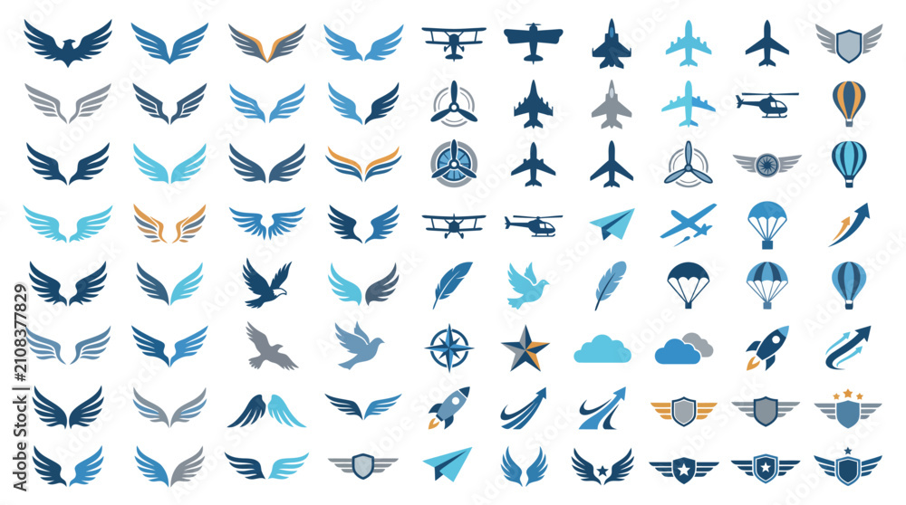 Fototapeta premium Wings and aircraft icons feature a variety of aviation symbols and flight-related imagery designed for travel branding and military insignias.