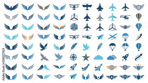 Foto Wings and aircraft icons feature a variety of aviation symbols and flight-related imagery designed for travel branding and military insignias