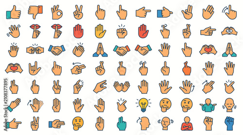 Fényképezés Hands gestures icons illustrate various manual expressions, sign language, and communicative human actions