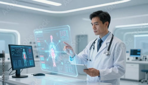Doctor using AI-powered digital healthcare network and medical analytics dashboard in a modern hospital with innovative technology and clean clinical background.