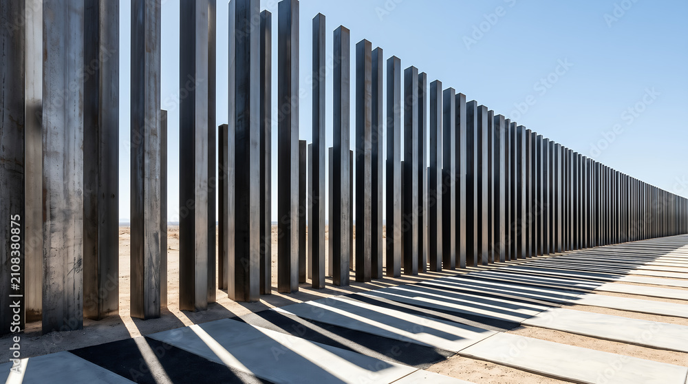 Fototapeta premium Row of tall steel pillars under sunlight representing cross-border trade barrier and freight logistics security