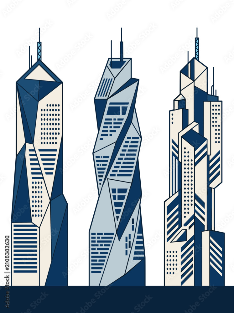 Obraz premium Modern geometric skyscrapers vector illustration, twisted high rise office buildings contemporary city architecture on white background