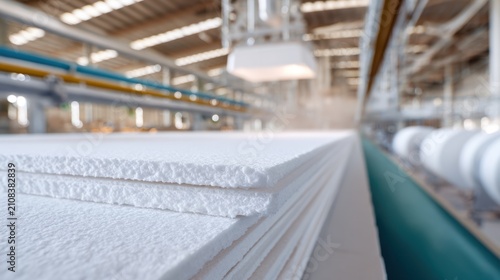 Stacked foam sheet production line for insulation manufacturing background and industrial design banner showing polystyrene panels in factory interior