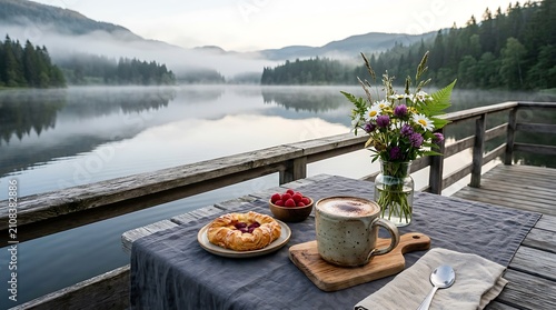 Breakfast with coffee and pastry on a wooden terrace overlooking a calm mountain lake in the morning. al fresco coffee corner