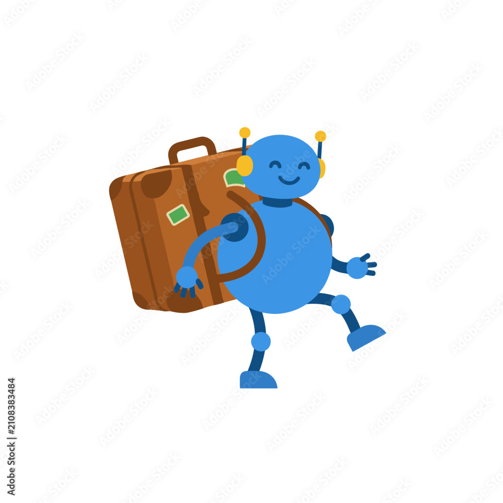Fototapeta premium Friendly Blue Robot Character Carrying Suitcase | Travel Concept