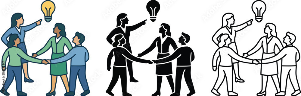 Obraz premium Group of people holding hands with lightbulb ideas above heads illustration
