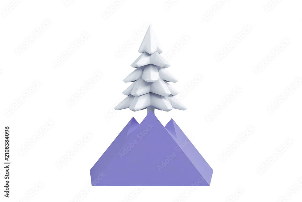 Fototapeta premium Winter snow mountain scene 3d rendering with a stylized fir tree on a peak, seasonal nature theme