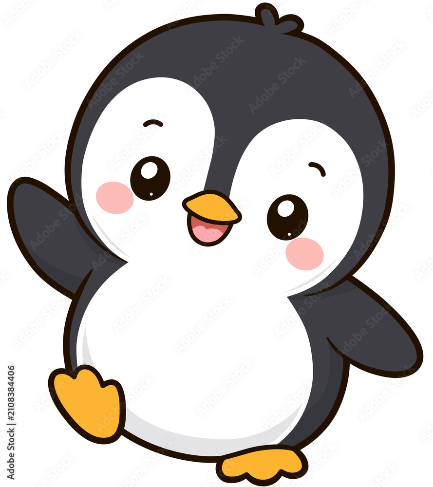 Fototapeta premium Cute cartoon baby penguin isolated element, happy chick character waving wing illustration