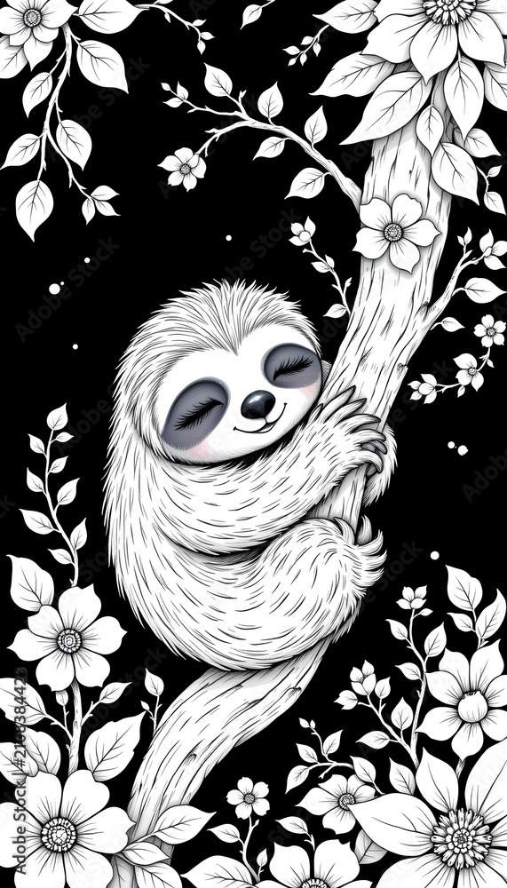 Fototapeta premium Charming line art of sleepy sloth hugging a branch, in a whimsical style, black and white, adorned with leafy vines and tiny flowers, smooth contours, inviting design for stress relief coloring