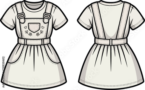 Quadro su tela Baby pinafore dress vector illustration of white embroidered overall skirt with tshirt technical template front back view isolated background graphics