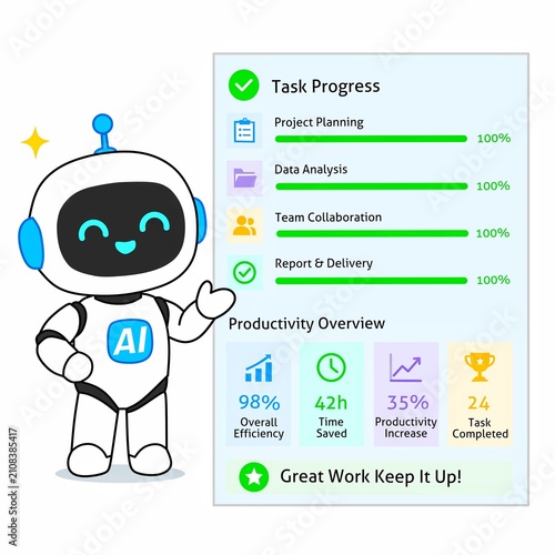 AI Robot Assistant Showing Task Progress Dashboard and Productivity Analytics Illustration