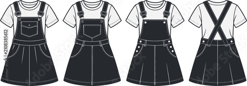 Foto Overall dress vector illustration set of denim pinafore jumper dresses with tshirt technical flat template isolated white background graphics