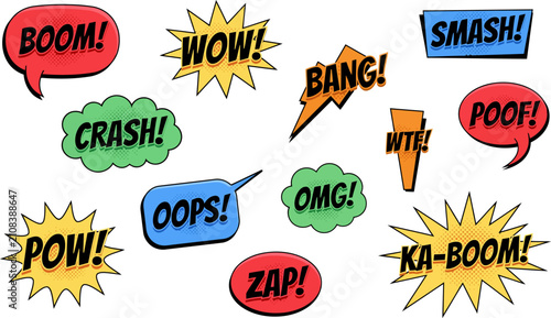 Bild auf Leinwand Colorful comic book speech bubbles with onomatopoeia words