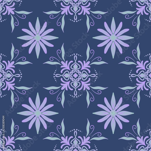 Pastel Floral Seamless Pattern with Ornamental Motifs in Lavender and Blue