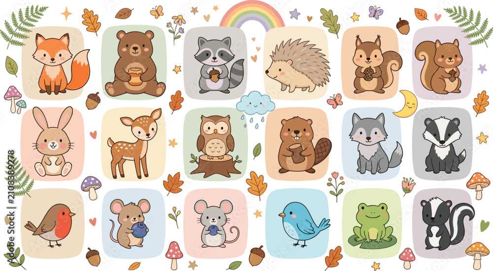 Obraz premium Adorable Pastel Nursery Woodland Animals Set with Fox Bear Raccoon Hedgehog Squirrel Bunny Deer Owl Beaver Wolf Badger Bird Frog and Skunk